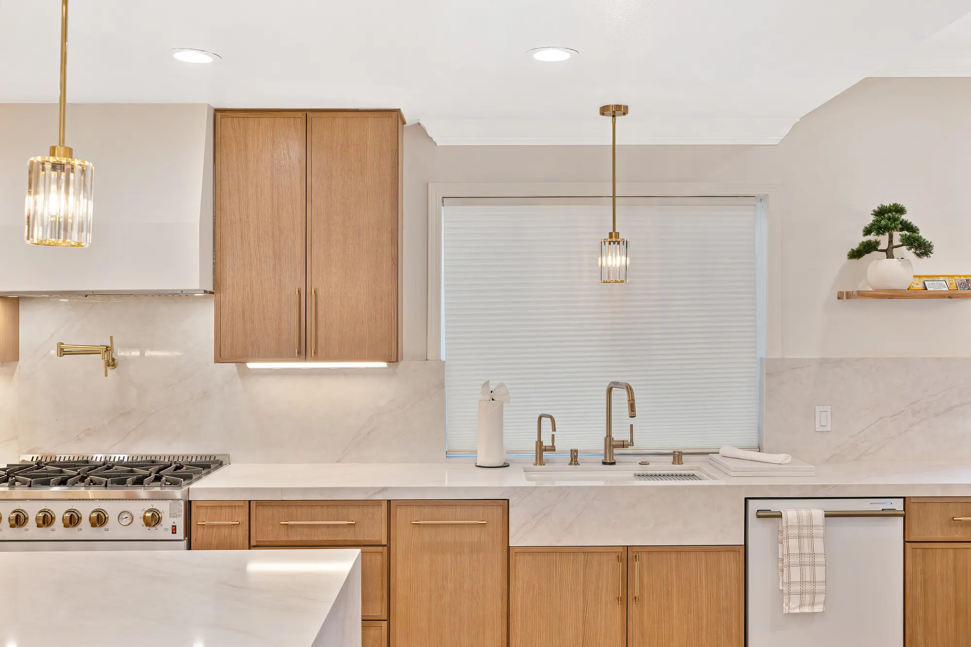 Kitchen range and marble backsplash with gold fixtures