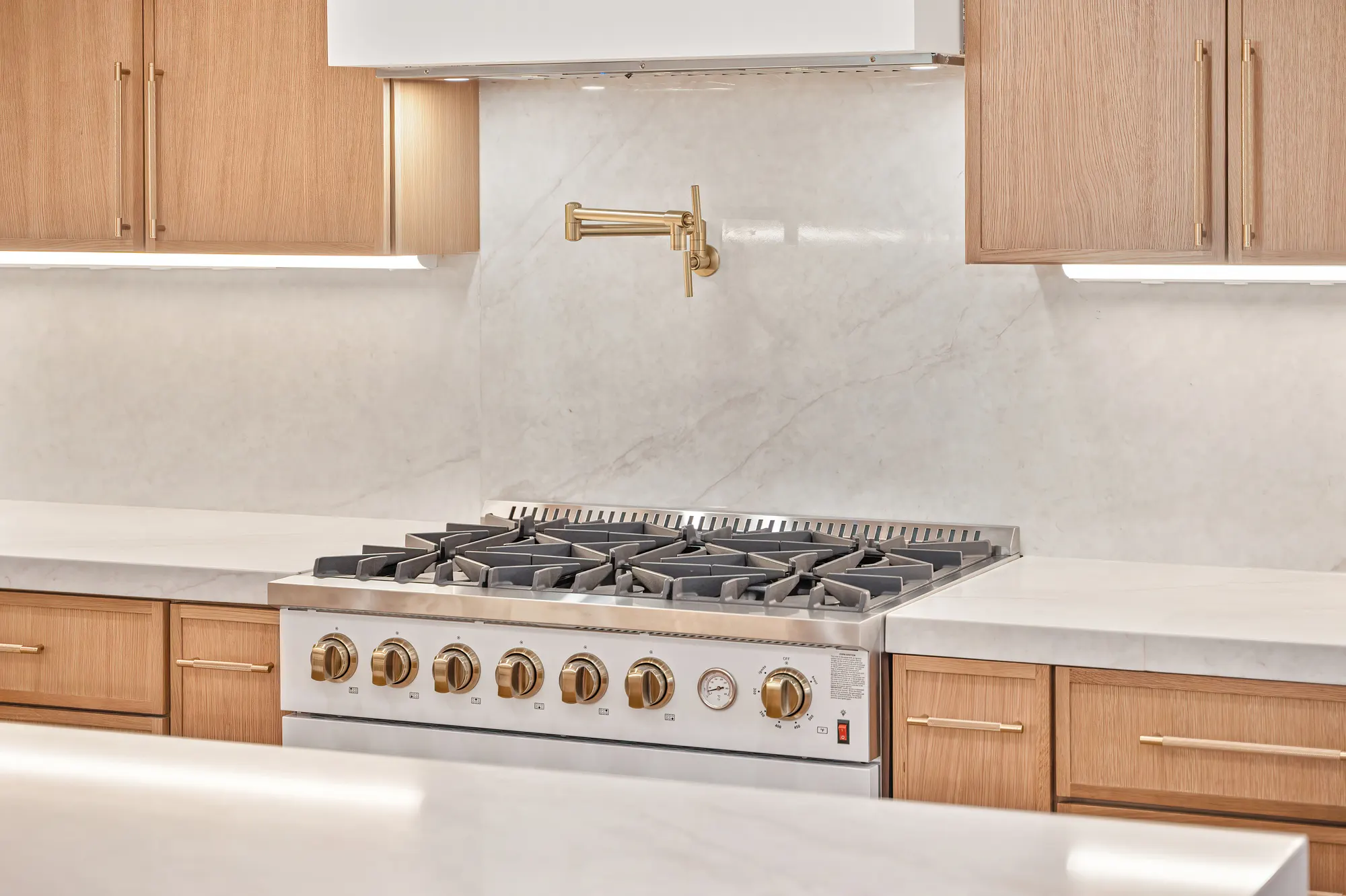 Kitchen range and marble backsplash with gold fixtures