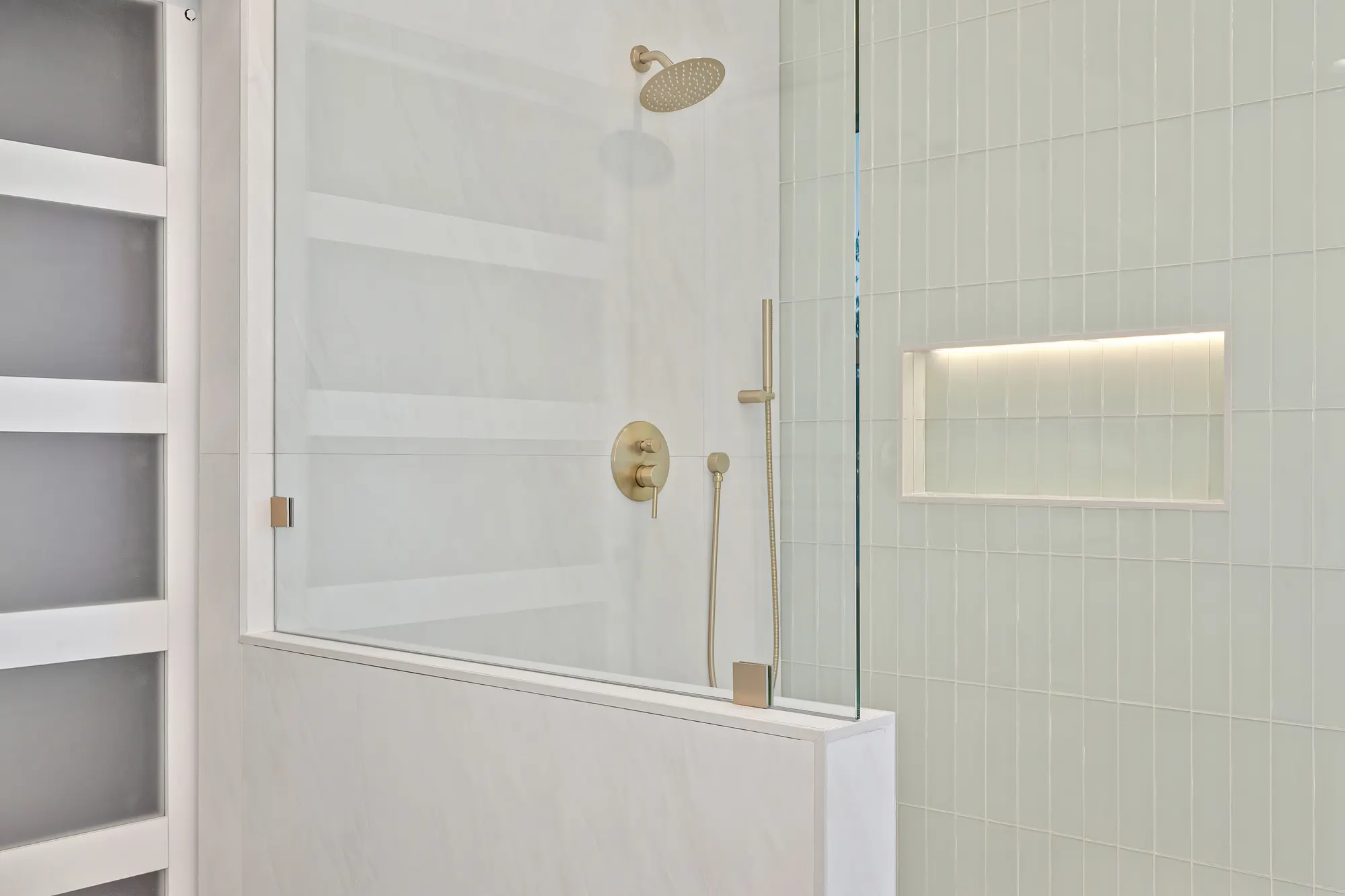 Double vanity bathroom remodel with gold hardware