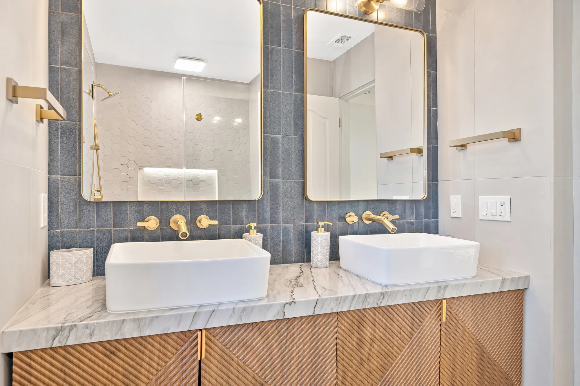 Spa bathroom with walk-in shower and custom wood vanity