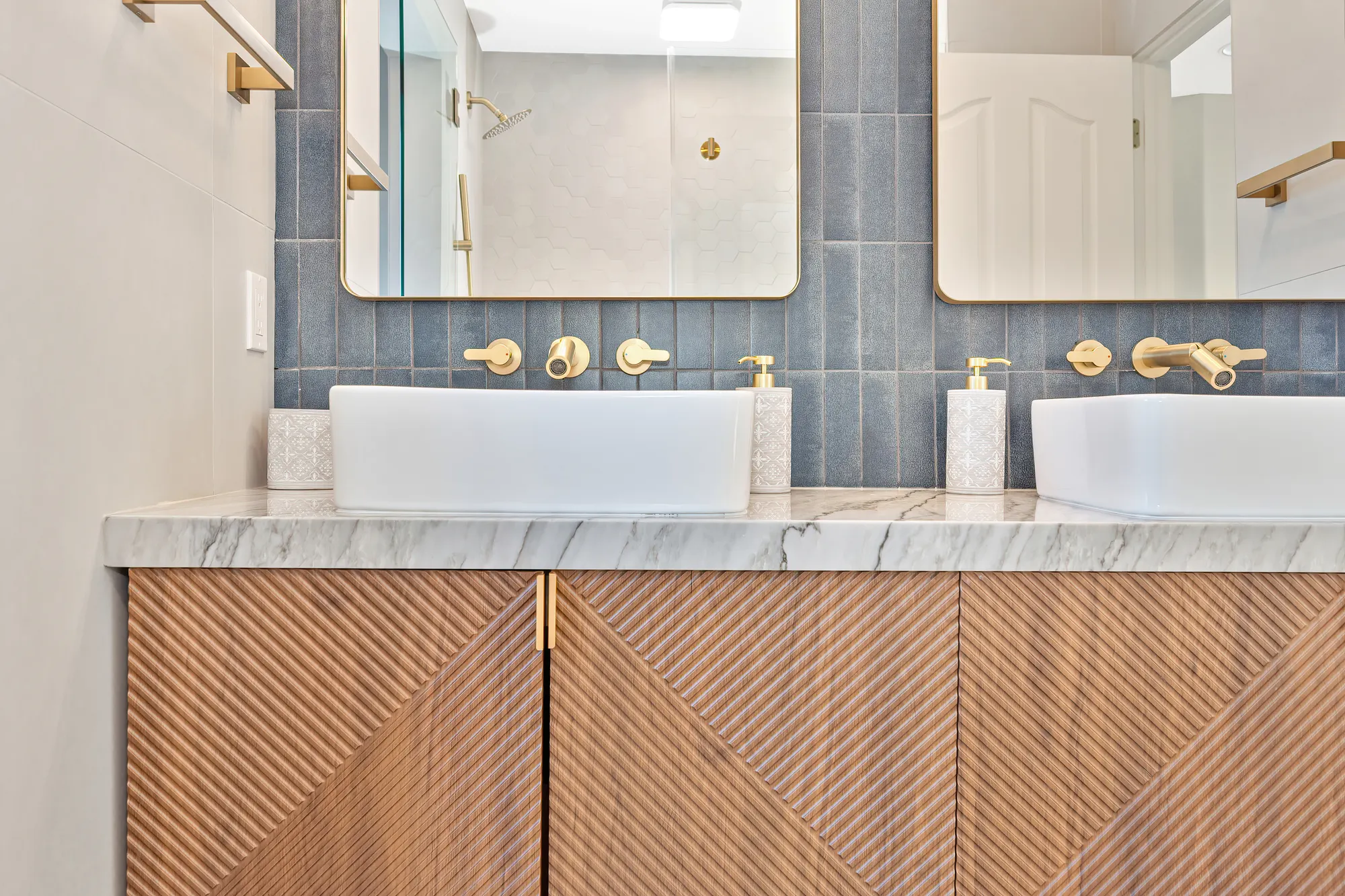Spa bathroom with walk-in shower and custom wood vanity