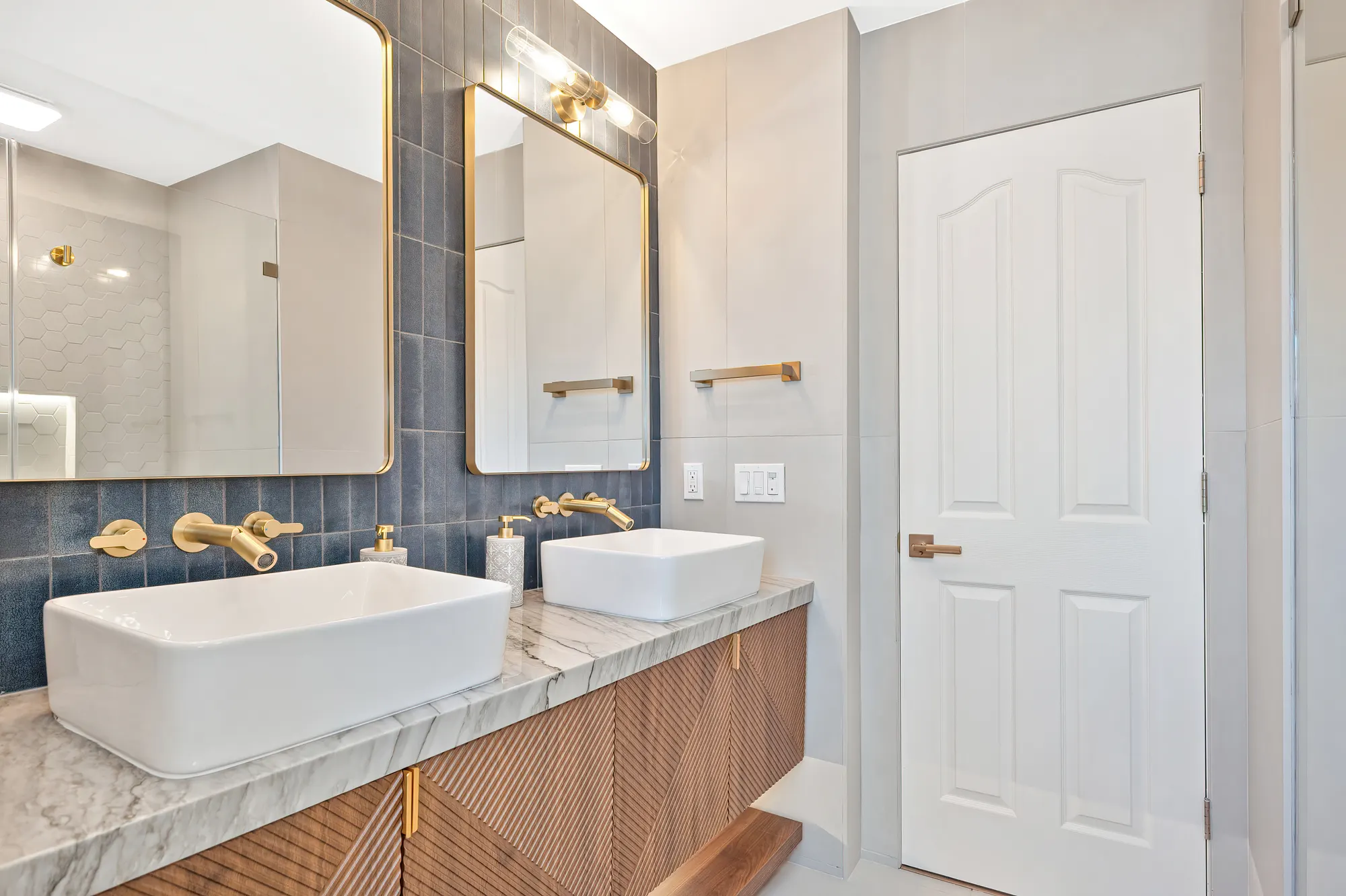 Spa bathroom with walk-in shower and custom wood vanity