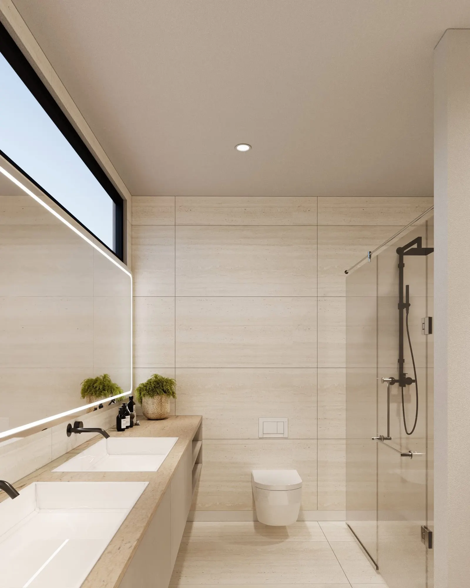 Accessible bathroom with curbless walk-in shower, double vanity, and open floor space